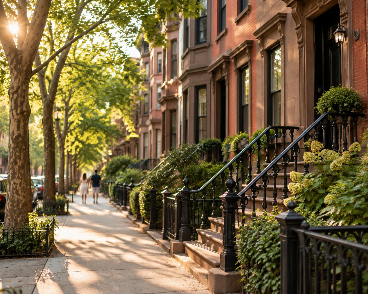 Tree-lined brownstone street in New York (illustrative)